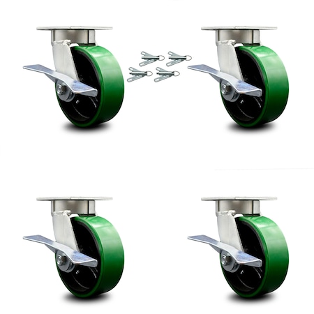 6 Inch Kingpinless Green Poly On Steel Wheel Caster Set Brake And Swivel Lock
